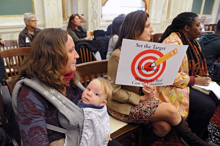 Parents and other concerned citizens were not allowed to testify before the Pennsylvania Basic Education Commission hearing at City Hall on Nov. 18, 2014, so Public Citizens for Children and Youth set its own forum an hour before in City Council Chambers. Waiting to testify are (from left) Tammy Murphy with her 6-month-old son, Sebatian Johnson, of East Falls; Anne Gemmell, of White Marsh; and Tamara Anderson, of Philadelphia.