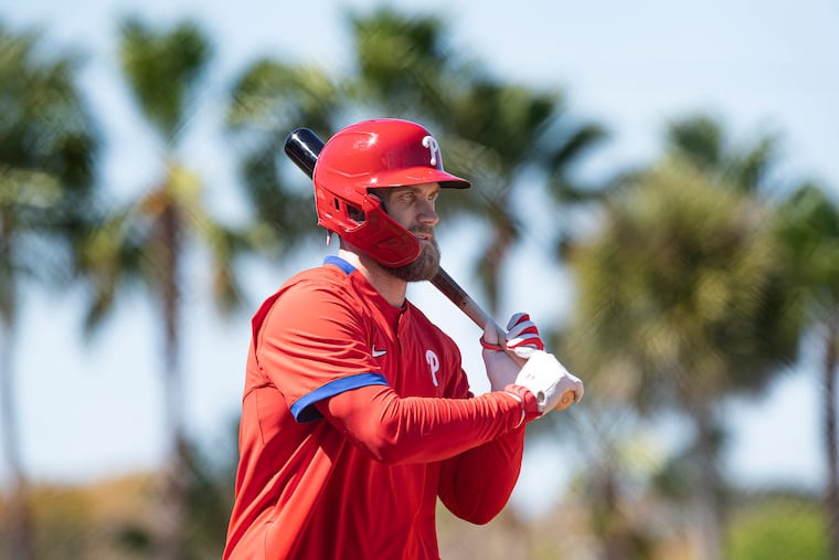 Phillies Bryce Harper prepares to bat during spring training in Clearwater, Fla., Friday.