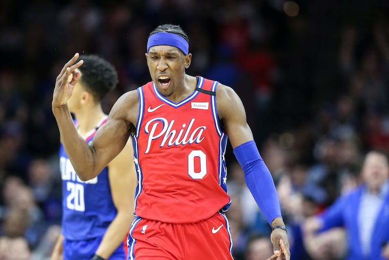 Sixers' Josh Richardson celebrates a three point basket against the Clippers during the 4th quarter at the Wells Fargo Center in Philadelphia, Tuesday, February 11, 2020. Sixers beat the Clippers 110-103.