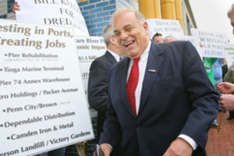 A happy Gov. Rendell leaves yesterday's news conference at the Delaware River Port Authority headquarters in Camden.