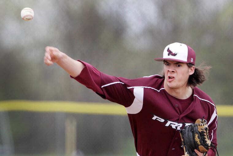St. Joseph's Prep's pitcher Tom Mullin throws against Cardinal O'Hara's Nick Donovan during the 1st inning in Springfield Pa., Tuesday, April 23, 2013. ( Steven M. Falk / Staff Photographer )