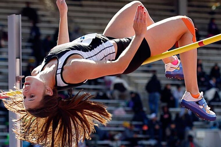 Germantown Academy high jumper, Megan McCloskey fails on her final
attempt at 5' 9" at the Penn Relays in Franklin Field on Thursday,
April 24, 2014. ( Yong Kim / Staff Photographer )