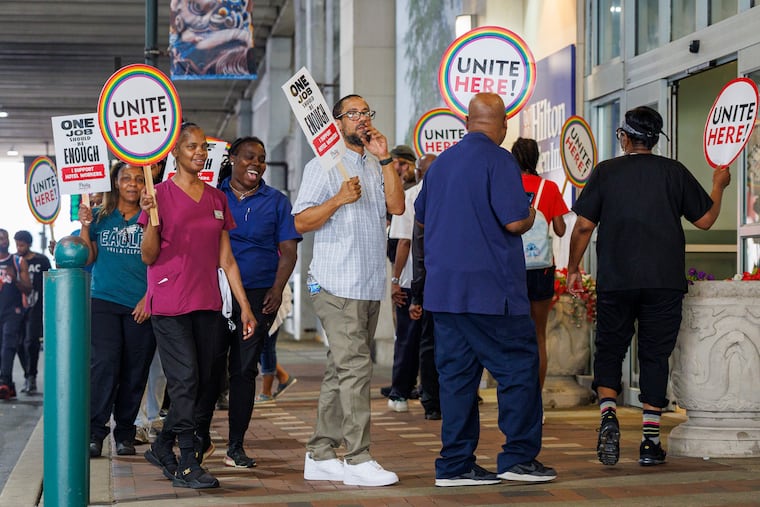 Unite Here Local 274 gather union organizers and employees outside the Hilton Garden Inn at North 11th and Arch Streets to ask for higher wages before upcoming festivities in 2026, 250th Anniversary, All-Star Game and FIFA World Cup.
