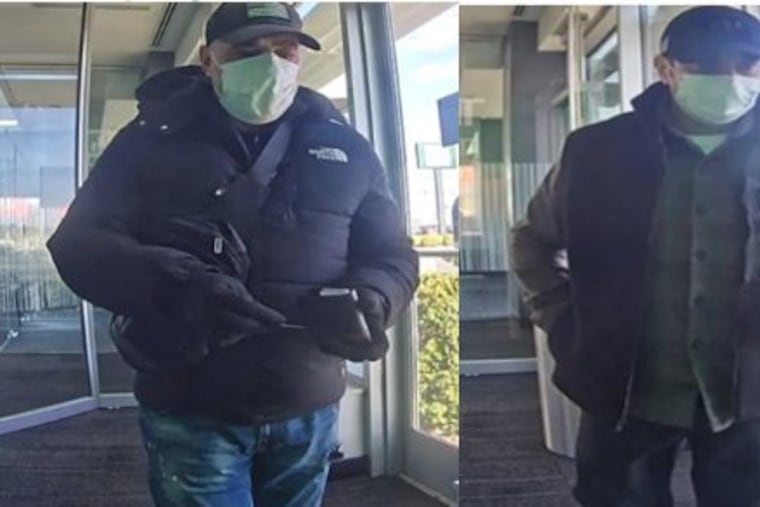 Security footage of masked men who police believe are attaching devices to ATMs to catch withdrawn cash.