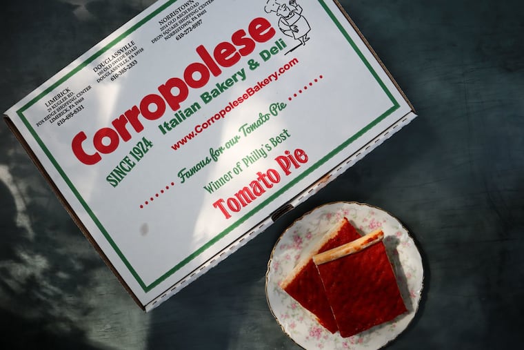 Corropolese tomato pie with the iconic box.