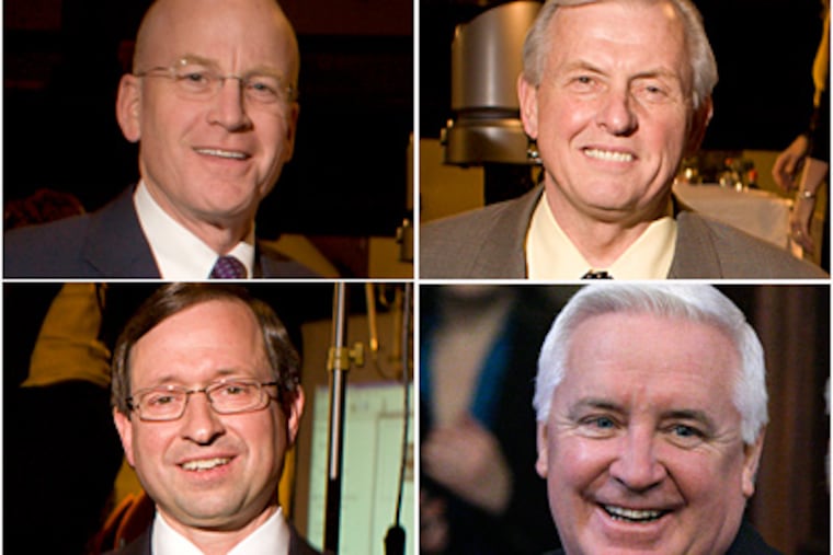 Candidates for Pa. governor include, top left Democrats Joe Hoeffel and Pa. Auditor General Jack Wagner, and bottom left, Republicans Rep. Sam Rohrer and Attorney General Tom Corbett. (File photos)