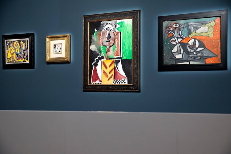Artworks by Pablo Picasso are displayed for auction at the Bellagio hotel and casino Saturday, Oct. 23, 2021, in Las Vegas. Sotheby's and the MGM Resorts Fine Art Collection hosted the auction, which raised $109 million from eleven pieces.