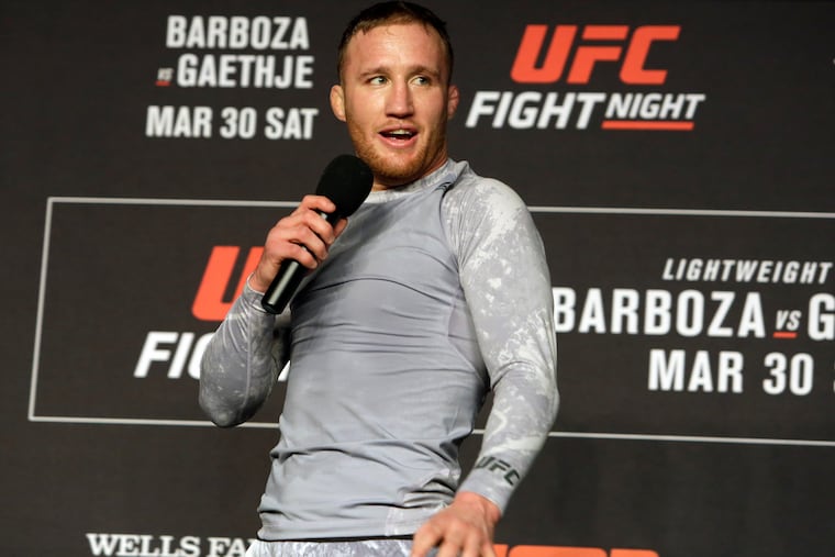 In this Wednesday March 27, 2019, photo, mixed martial arts fighter Justin Gaethje addresses fans after a workout in Philadelphia. Gaethje is slated to fight Edson Barboza in a lightweight bout in the main event of the UFC card in Philadelphia on March 30. The bout features two of the most ferocious kickers in the sport, who are both coming off wins following two straight losses. Gaethje viewed the fight as an elimination bout of sorts for each fighter to stay in the hunt for a championship match against Khabib Nurmagomedov. (AP Photo/Jacqueline Larma)