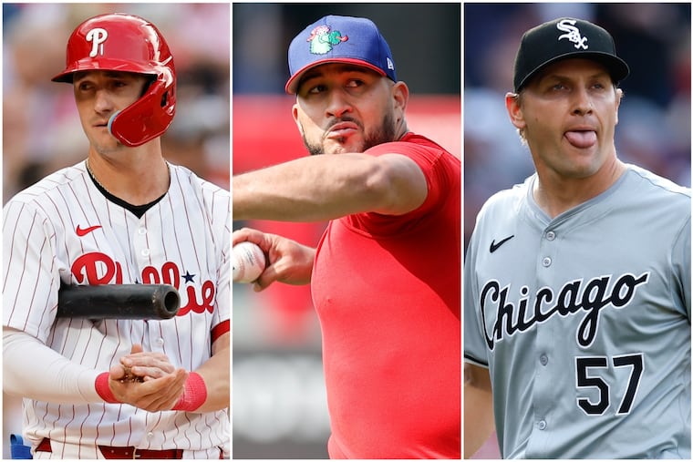 Austin Hays (left), Carlos Estévez, and Tanner Banks were the Phillies' trade-deadline acquisitions.
