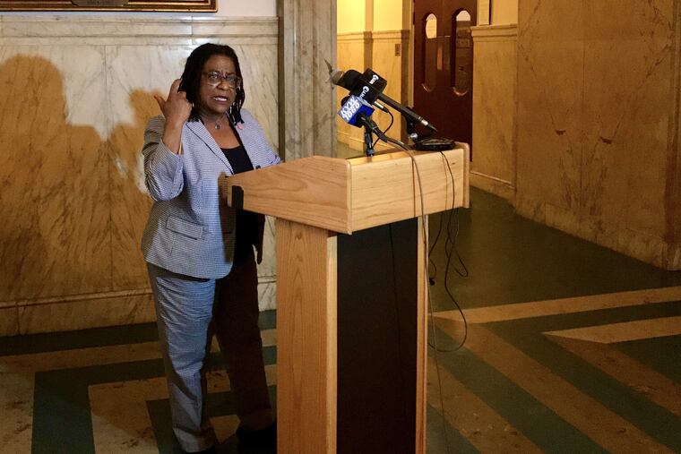 Jovida Hill, executive director of Philadelphia's Commission on Women, speaks in support of the city wage equity bill, which was passed by City Council in 2016 and paused by a lawsuit the following year.