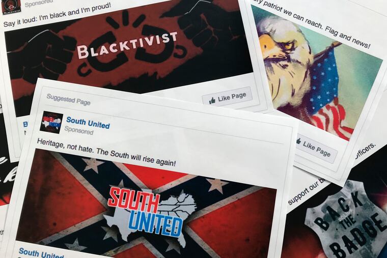 FILE - This Nov. 1, 2017 file photo shows prints of some of the Facebook ads linked to a Russian effort to disrupt the American political process and stir up tensions around divisive social issues, released by members of the U.S. House Intelligence committee, in Washington. According to a study published Wednesday, Jan. 9, 2019 in Science Advances, people over 65 and conservatives shared far more false information in 2016 on Facebook than others. Researchers say that for every piece of “fake news” shared by young adults or moderates or super liberals, senior citizens and very conservatives shared about 7 false items. Experts say seniors might not discern truth from fiction on social media as easily. They say sheer volume of pro-Trump false info may have skewed the sharing numbers to the right. (AP Photo/Jon Elswick, File)