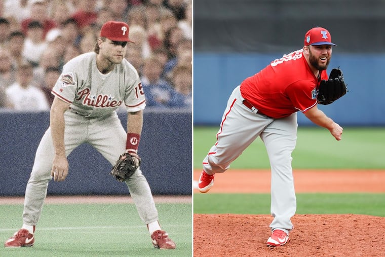 1993 Phillie Dave Hollins (left) and current pitcher Tommy Hunter helped get free agent Jake Arrieta to Philly.