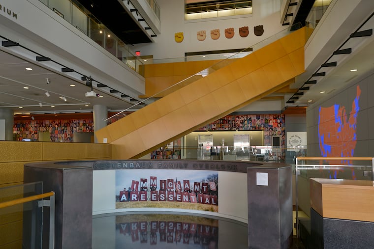 A view of “The Future Will Follow the Past” from the museum entrance at the Weitzman National Museum of American Jewish History.