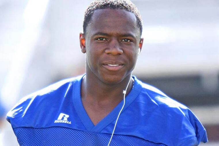 Downingtown East wide receiver Jay Harris, a Michigan State recruit,
before a scrimmage Saturday against Muhlenberg at Downingtown West’s
Kottmeyer Stadium. (Lou Rabito/Staff)