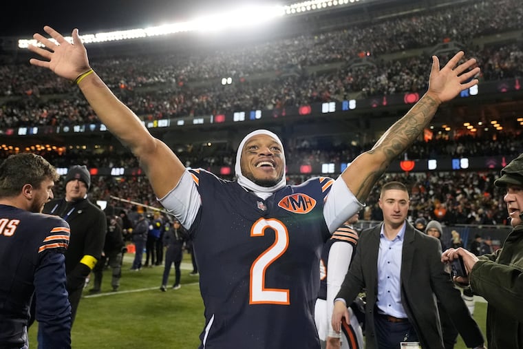 The Bears' DJ Moore celebrates after his 46-yard TD catch in overtime beat the Green Bay Packers.