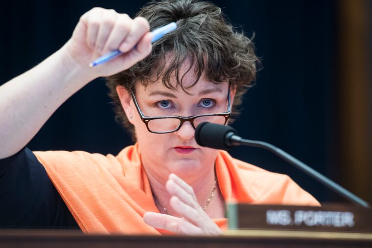Rep. Katie Porter (D.,Calif.) questions Federal Reserve Chairman Jerome Powell during a House Financial Services Committee hearing in February (Photo By Tom Williams/CQ Roll Call via AP Images)