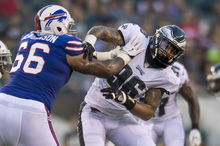 Defensive end Derek Barnett takes on Bills tackle Seantrel Henderson during the preseason.