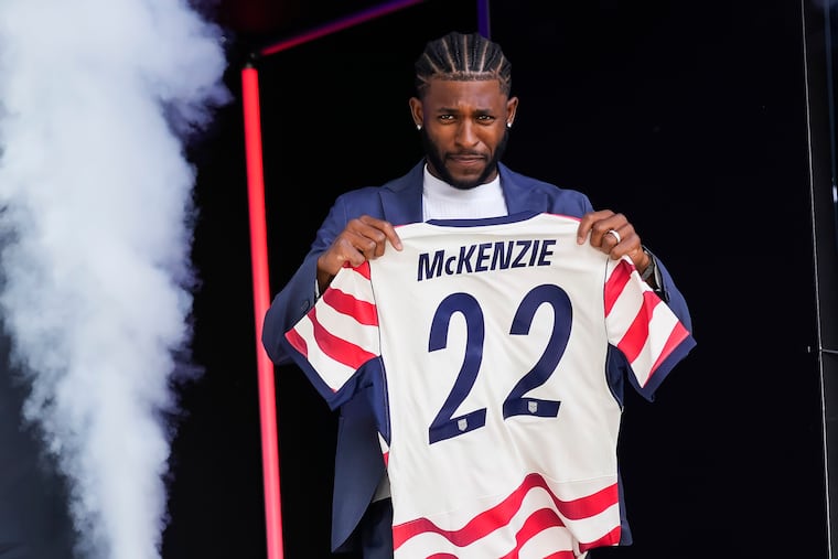 Former Union player and Bear, Del., native Mark McKenzie walks out during Tuesday's U.S. Soccer roster reveal ahead of the 2026 FIFA World Cup.