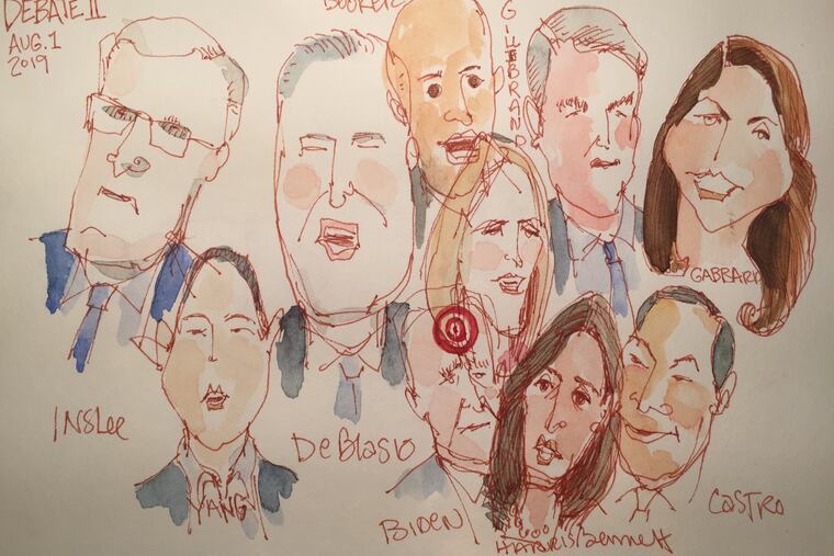 Inquirer editorial cartoonist Signe Wilkinson sketched the candidates that were onstage during night two of the second Democratic primary debate.