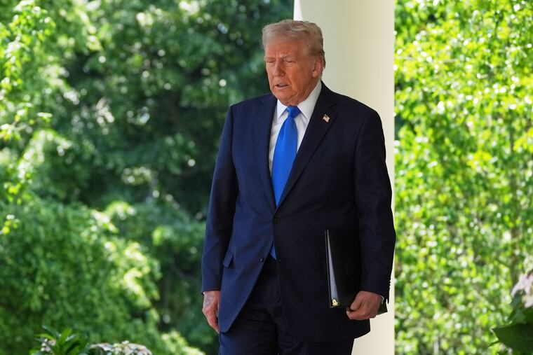 President Donald Trump arrives to speak during a National Day of Prayer event in the Rose Garden of the White House on Thursday, May 1, 2025.