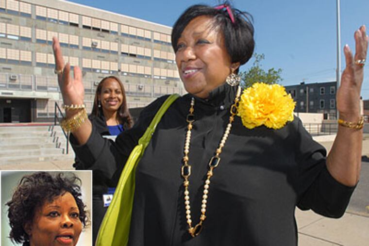 At South Philadelphia High School Superintendent Arlene Ackerman speaks after the resignation of Principal LaGreta Brown (inset). Brown faced a no-confidence vote by teachers. (April Saul / Staff Photographer)