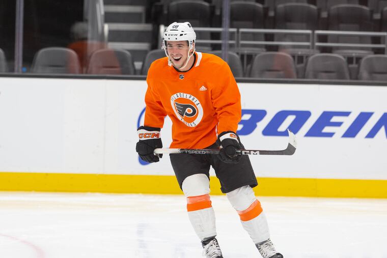 Morgan Frost, pictured during morning skate on Thursday, and the Flyers get another chance to face a Kraken team that beat them, 4-3, on Sunday.