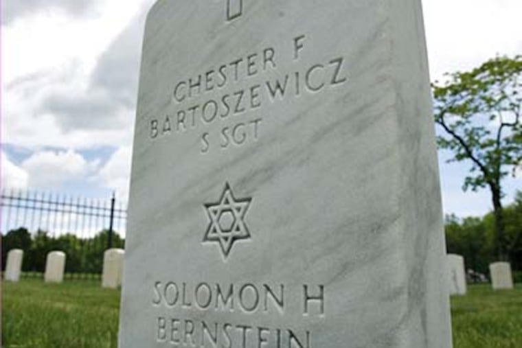 May 21, 2008 - The shared grave of Chester Bartoszewicz and Solomon Bernstein, both WWII veterans buried in Beverly National Cemetery in Edgewater Park, NJ. (For the Daily News/ Jillian Bauer)