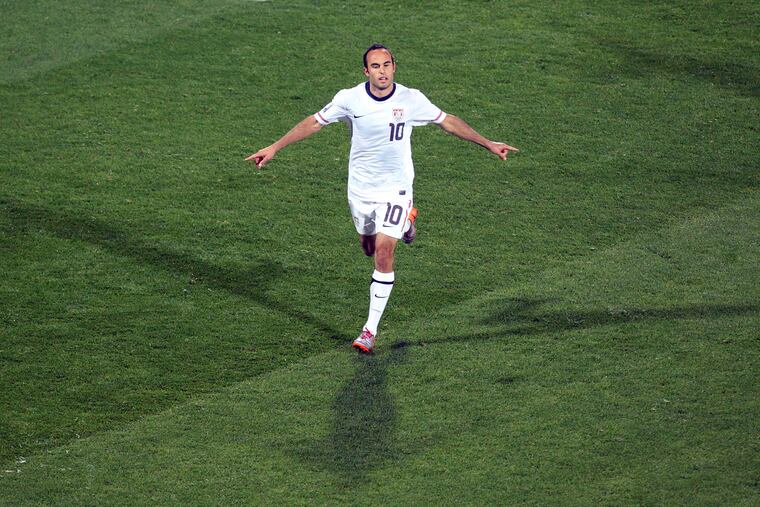 United States' Landon Donovan celebrates after scoring from the penalty spot during a 2010 World Cup round of 16 match against Ghana.