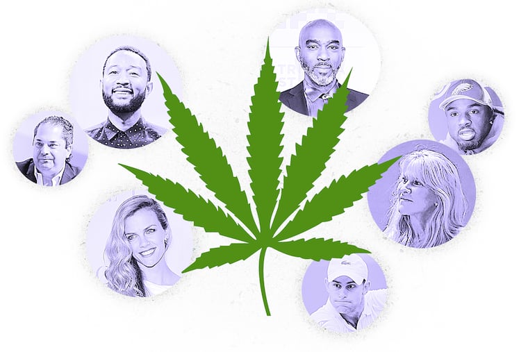 Investors in Kind Financial, a tech-based marijuana services start-up: (clockwise from left) Wayne Kimmel; John Legend; Mike Jackson; Brian Westbrook; Lindy Snider; Andy Roddick; Brooklyn Decker. They were among the dozens of people who acquired shares of Kind.