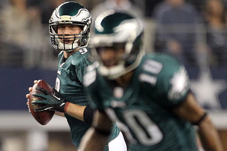 Eagles quarterback Nick Foles looks for former Eagles wide receiver DeSean Jackson. (Yong Kim/Staff Photographer)