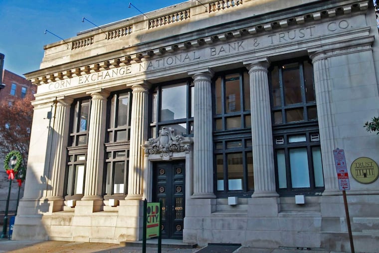 The Corn Exchange National Bank building is a stately presence.