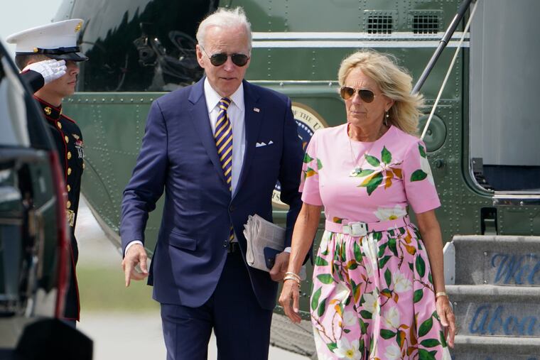 President Joe Biden and first lady Jill Biden exiting Marine One at Charleston Executive Airport, S.C., on Aug. 10.