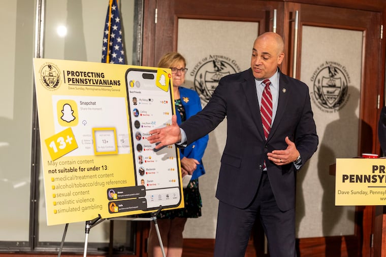 Pennsylvania Attorney General Dave Sunday speaks to press about taking action against a major social media companies over its failures to protect children against compulsive use.