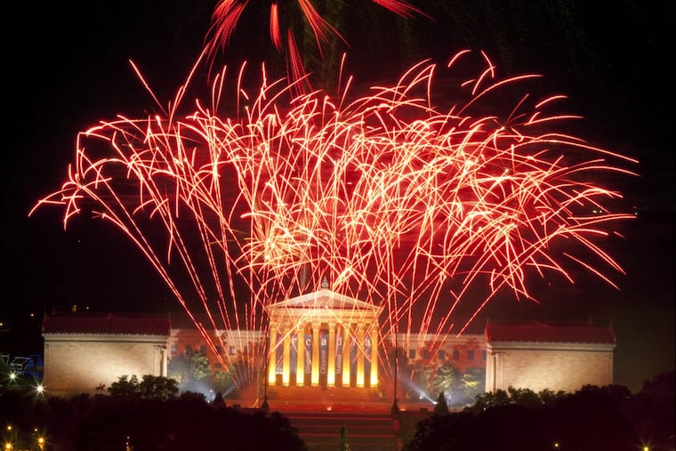 Welcome America fireworks explode over the Philadelphia Museum of Art on the Benjamin Franklin Parkway in Philadelphia on July 4th 2012.