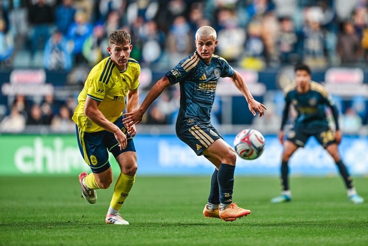Cavan Sullivan (right) on the ball during the Union's scoreless tie with first-place Nashville SC last Saturday.