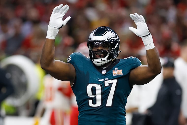 Defensive tackle Moro Ojomo during Super Bowl LIX. He played more than 40% of the team’s defensive snaps in the game.