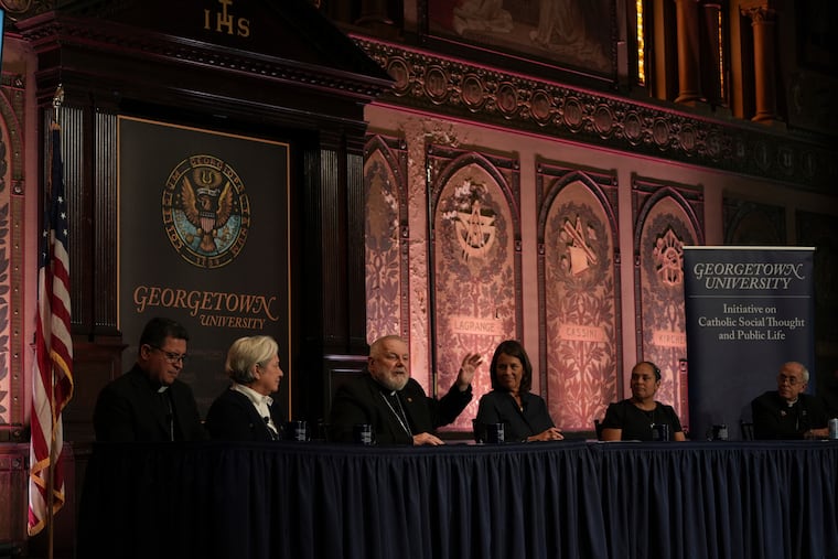 The archbishop of Miami, Thomas Wenski, speaks during a panel on immigration at Georgetown University in Washington, Thursday, Sept. 11, 2025.
