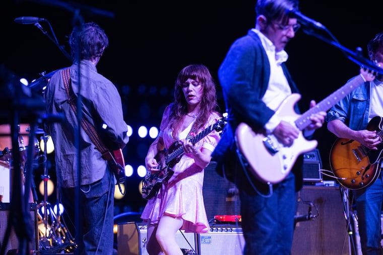 Rilo Kiley performs at the Met Philadelphia on Sept. 4, with Harrison Whitford (from left), Jenny Lewis, and Blake Sennett.