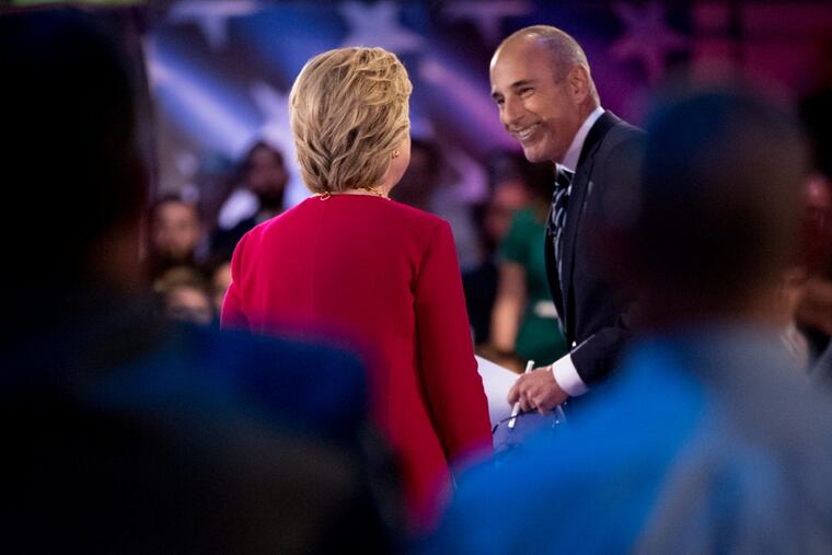 Hillary Clinton takes the stage with “Today” show co-anchor Matt Lauer at the NBC "Commander-In-Chief Forum" on the Intrepid carrier parked off Manhattan in September 2016.