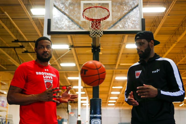 Ramone Moore (left) and Novar Gadson of Team Brotherly Love at a practice in Hatboro before traveling to Ohio for The Basketball Tournament.