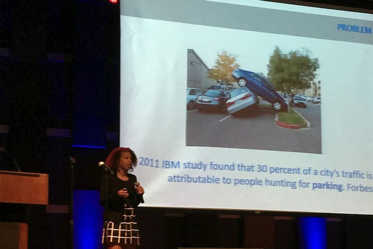 Taylor Mills, a Wharton grad and developer of the audience-favorite parking-finder app ParqAvenue, at AppitUP Demo Day.