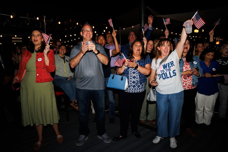 Attendees cheer during a watch party for Rebecca Bennett after she won the Democratic nomination for the U.S. House in New Jersey's 7th Congressional District, in Bridgewater, N.J., on Tuesday, June 2, 2026. Bennett beat three opponents on Tuesday to win the Democratic nomination to run in November against Rep. Thomas Kean Jr., a New Jersey Republican who has been missing from Congress for nearly three months. (Hannah Beier/The New York Times)