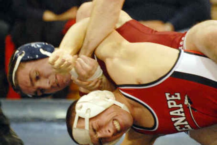 Anthony Baldosaro works on Lenape's Brad Sanders during one on his 41 wins this season. Baldosaro went undefeated as he won his second consecutive state crown at 140 pounds.