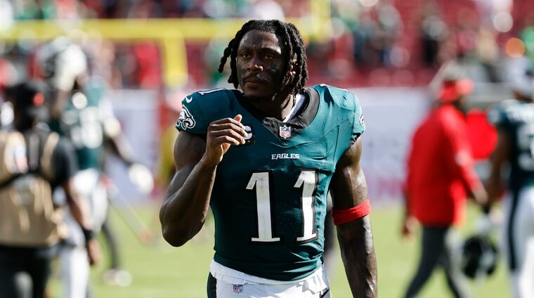 Eagles wide receiver A.J. Brown walks off the field after the Eagles beat the Tampa Bay Buccaneers on Sunday.