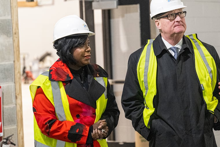 Mayor Jim Kenney and Mayor-elect Cherelle Parker during a progress tour of the future Vare Recreation Center in South Philadelphia.