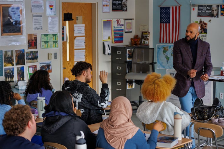 Leon Smith, an AP U.S. History and AP African American Studies teacher, engages with his students at Haverford High School.