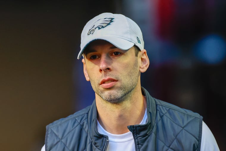 In his last game as Eagles defensive coordinator, Jonathan Gannon watches warmups before Super Bowl LVII against the Chiefs on Feb. 12, 2023.