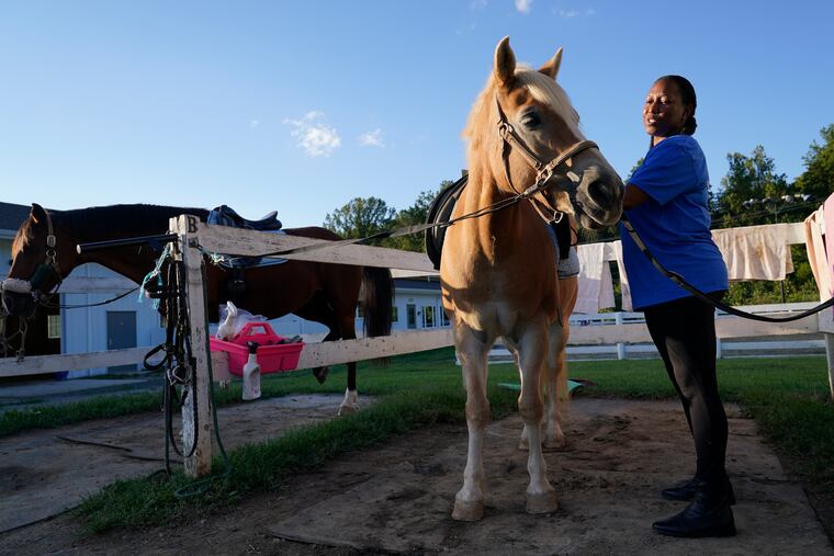 Dionne Williamson, of Patuxent River, Md., grooms Woody before a riding lesson at Cloverleaf Equine Center in Clifton, Va.