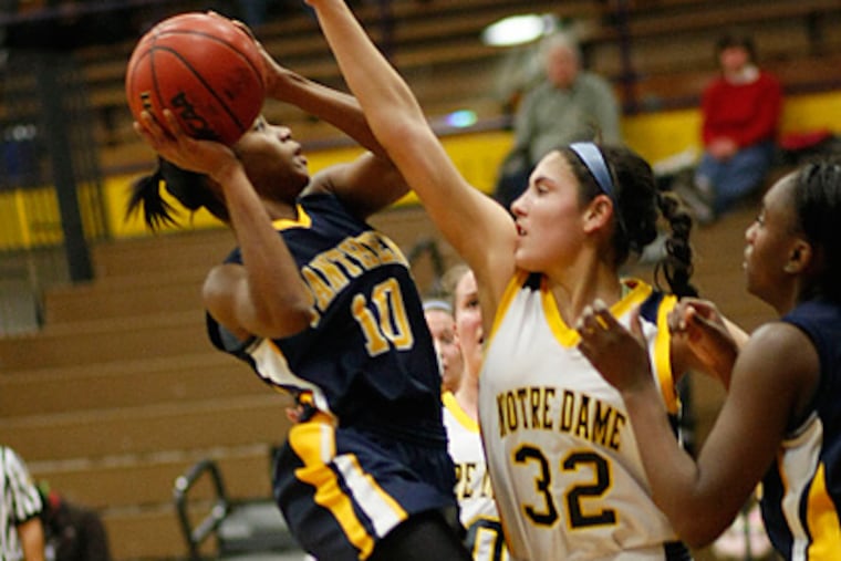 Cheltenham's Clara Andrews, left, shoots against Notre Dame Academy's Molly Borgese. (Michael S. Wirtz / Staff Photographer)