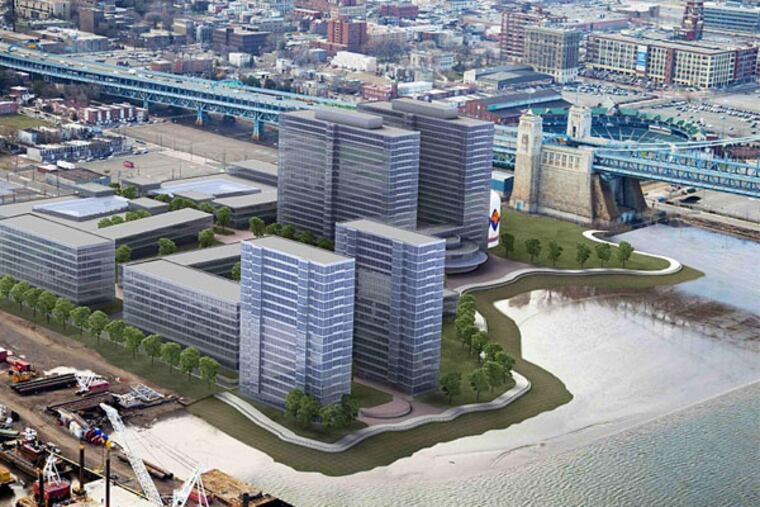 An artist's conception of the proposed World Trade Center at the Camden end of the Ben Franklin Bridge. (Alesker & Dundon Architects LLC.)